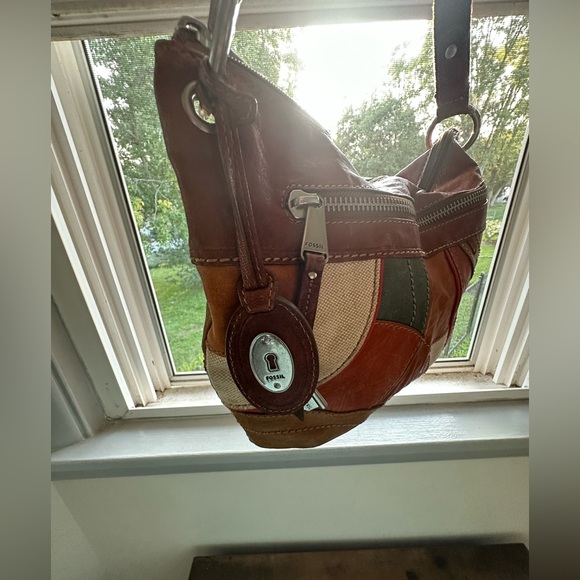 FOSSIL Leather Patchwork Shoulder Bag Crossbody Hobo Handbag Purse VINTAGE - Picture 2 of 15